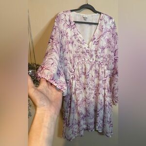 Floral V-Neck mini dress with POCKETS- Purple and White